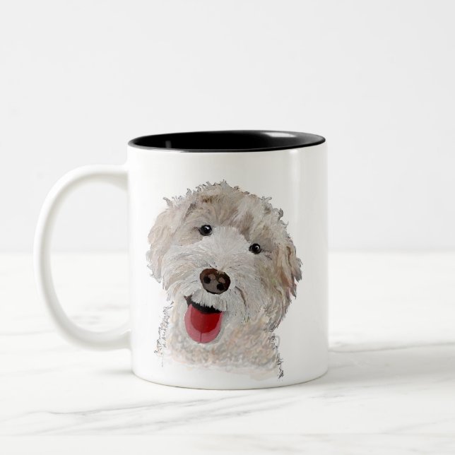 Labradoodle lächelnder Hund Zweifarbige Tasse (Links)