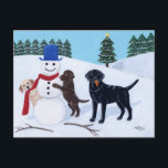 Labrador Christmas with Snowman Feiertagspostkarte<br><div class="desc">Whimsical Labrador Retriever painting painted by Naomi Ochiai from Japan. Nizza for dog lovers who love Labrador Retriever dogs. Yellow Labrador and Chocolate Labrador and Black Labrador are are all painted in the picture. Three Labrador dogs are playing with their snowman in the white snow field. Typical Christmas Holiday Season...</div>