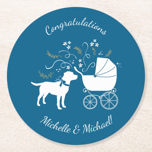 Labrador Dog Baby Shower Blue Boy Labrador Runder Pappuntersetzer (Vorderseite)
