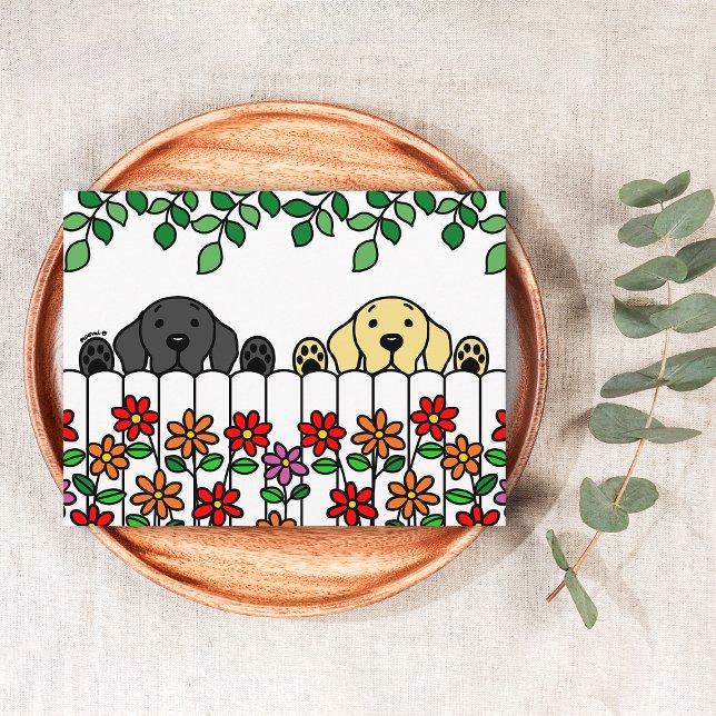 Labrador Duo Vous Regarder Carte Postale (Labrador Duo Watching You Postcard for Labrador Owners.  Yellow Lab and Black Lab Cartoon Design.)