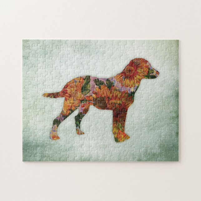 Labrador Hund floral auf grün (Horizontal)