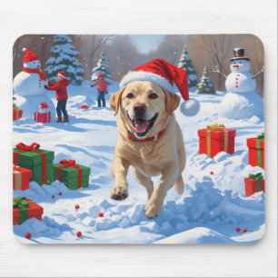 Labrador Hund läuft im Schnee mit Weihnachtshut Mousepad