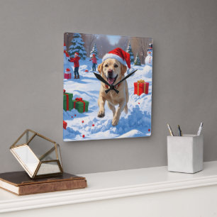 Labrador Hund läuft im Schnee mit Weihnachtshut Quadratische Wanduhr