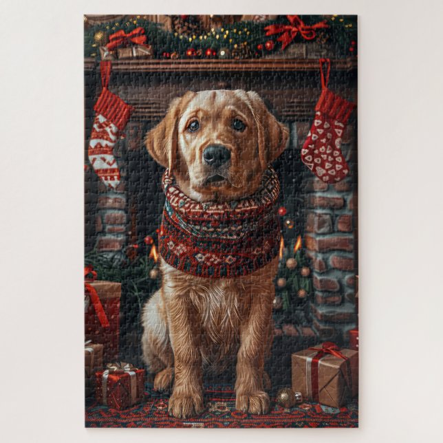 Labrador Hund mit Weihnachtsgeschenken Feuerplatz (Vertikal)