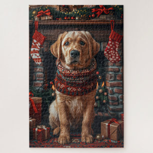 Labrador-Hund mit Weihnachtsgeschenken Kamin