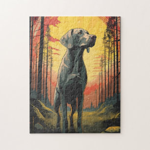 Labrador im Wald bei Sonnenuntergang