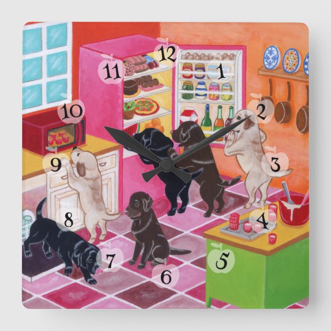 Labrador Kitchen Party Painting Quadratische Wanduhr (Vorderseite)