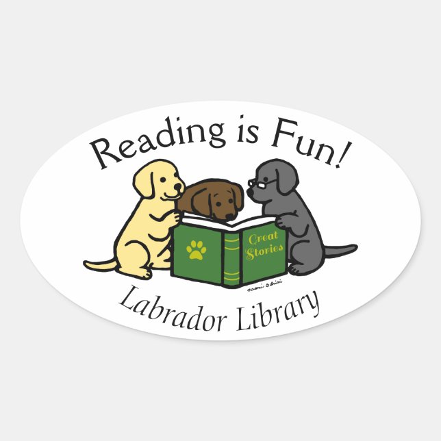 Labrador Puppies Lesen von Cartoon Ovaler Aufkleber (Vorderseite)