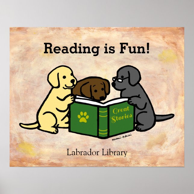 Labrador Puppies Lesen von Cartoon Poster (Vorne)