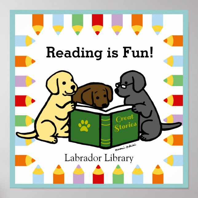 Labrador Puppies Lesen von Cartoon Poster (Vorne)
