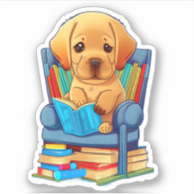 Labrador Puppy liest einen Buchaufkleber
