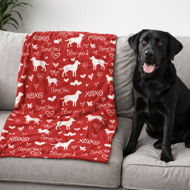 Labrador Retriever Blanket with Heart Doodles  Fleecedecke (Black lab dog blanket -red, blue, orange or other colors)