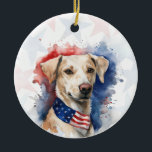 Labrador Retriever Dog, 4th of july Personalized Keramik Ornament<br><div class="desc">Celebrate your love for your furry friend and American pride with this personalized 4th of July dog ornament 🇺🇸🐾 The design features a watercolor dog wearing a stars-and-stripes hat on a soft red and blue stars background. Personalize the back with your dog’s name, a custom 4th of July greeting, and...</div>