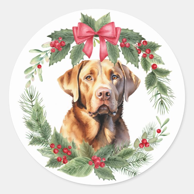 Labrador Retriever Dog Red Bow Holly Wreath Runder Aufkleber (Vorderseite)