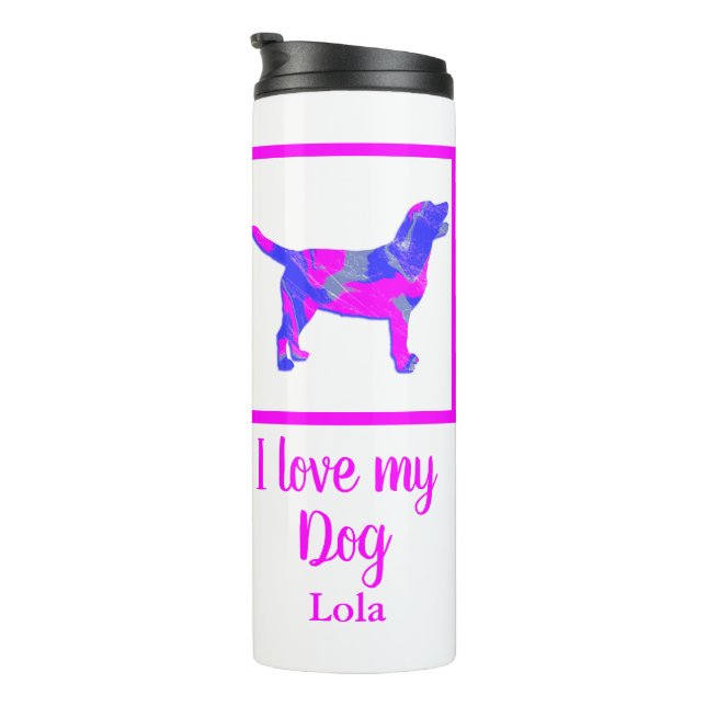 Labrador Retriever Hund Hot Pink & Blue Silhouette Thermosbecher (Nach rechts gedreht)
