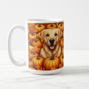 Labrador Retriever mit Herbstblättern und Pumpkins Kaffeetasse