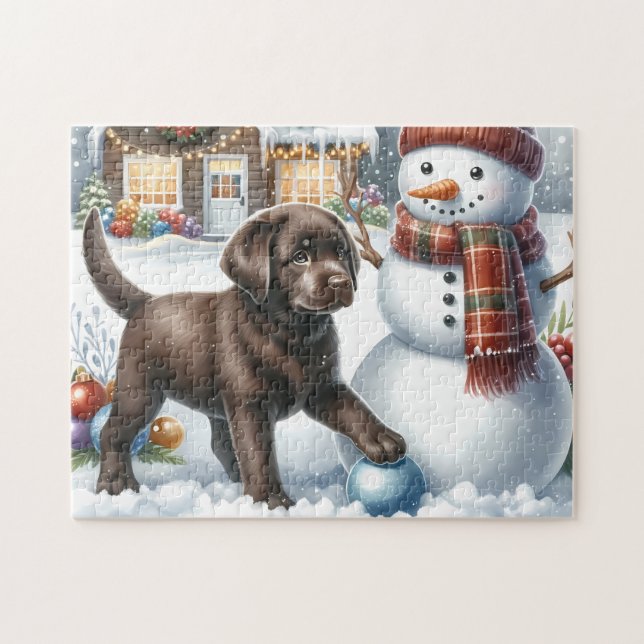 Labrador Retriever Puppy Snowman Christmas Dog (Horizontal)