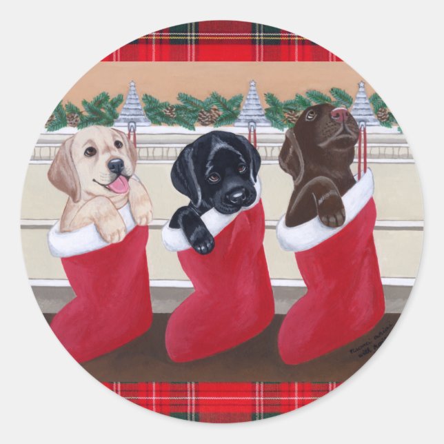 Labrador Retriever Welpen Weihnachtsmalerei Runder Aufkleber (Vorderseite)
