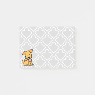 Labrador-Retrieverwelpenhund sitzen goldenen Post-it Klebezettel