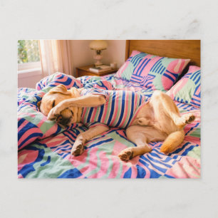Labrador ruht auf farbenfroher Bettdecke Postkarte