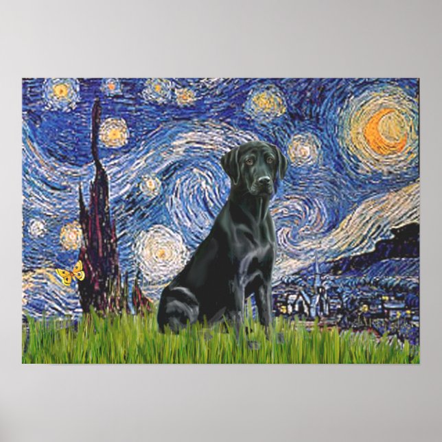 Labrador (schwarz) - Starry Night Poster (Vorne)