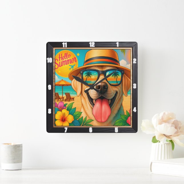 Labrador Summer Beach Vacation Quadratische Wanduhr (Zuhause)