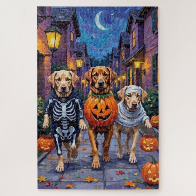 Labrador Trick-or-Treating in Halloween-Kostümen (Vertikal)
