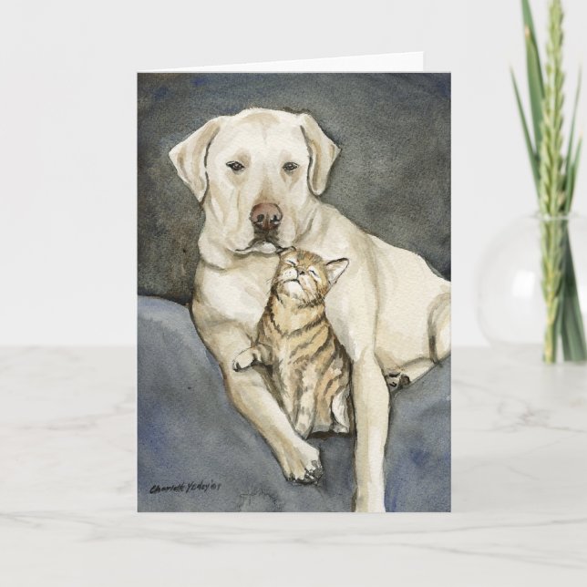 "Labrador-u. Katzen-" Hundekunst Notecard Karte (Vorderseite)