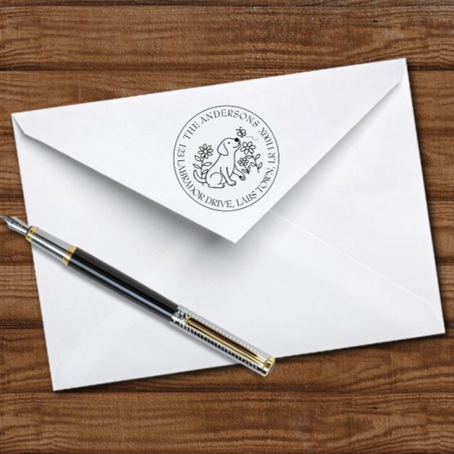 Labrador, Welpen, Blume, Kreis, Rücksendeadresse Permastempel (Labrador Puppy Flowers Cercle Return Address Self-inking Stamp for Labrador Owners.  Cute Cartoon.)