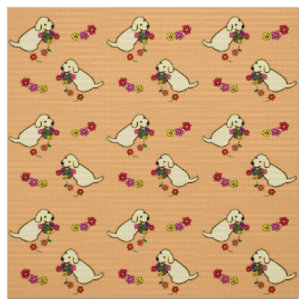 Labrador-Welpen-Blumen-Korb-Cartoon Stoff