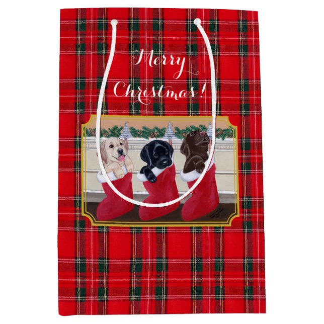 Labrador-WelpenTartan des Weihnachtendrei Mittlere Geschenktüte (Vorderseite)