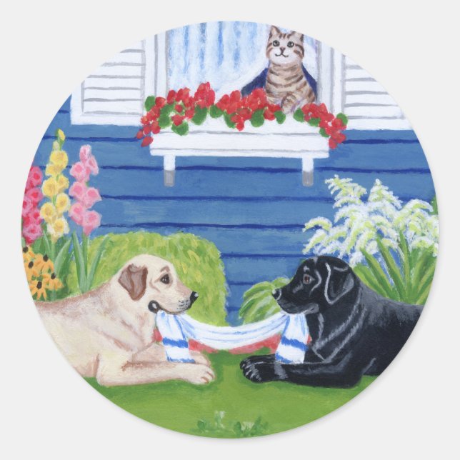 Labradoren im Gartenmalerei Runder Aufkleber (Vorderseite)