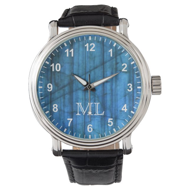 Labradorit Gemis Blue Monogram Numbers Armbanduhr (Vorderseite)