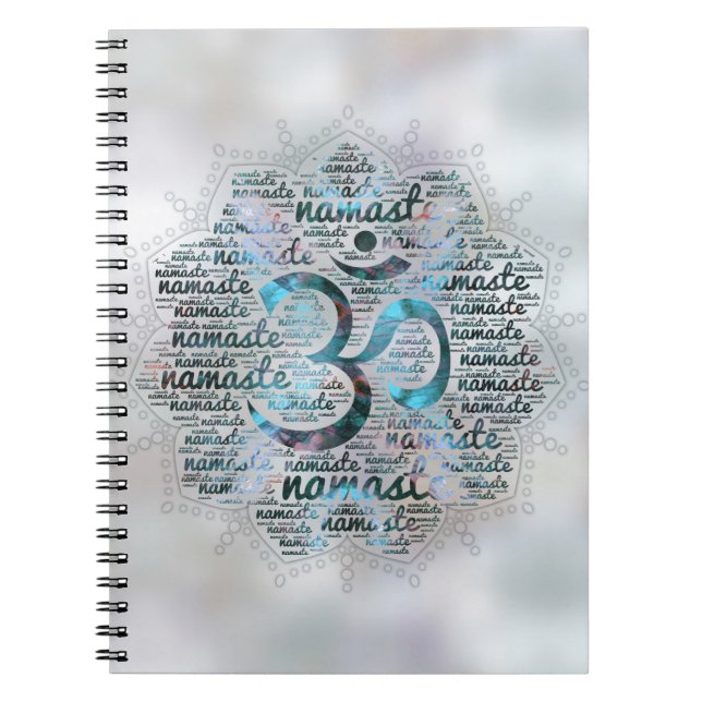 Labradorit Namaste Wort-Kunst in Lotus mit OM Notizblock (Vorderseite)