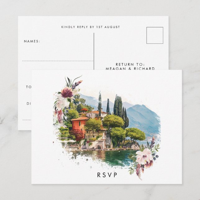 Lac de Côme Italie mariage d'été rsvp carte postal (Devant / Derrière)