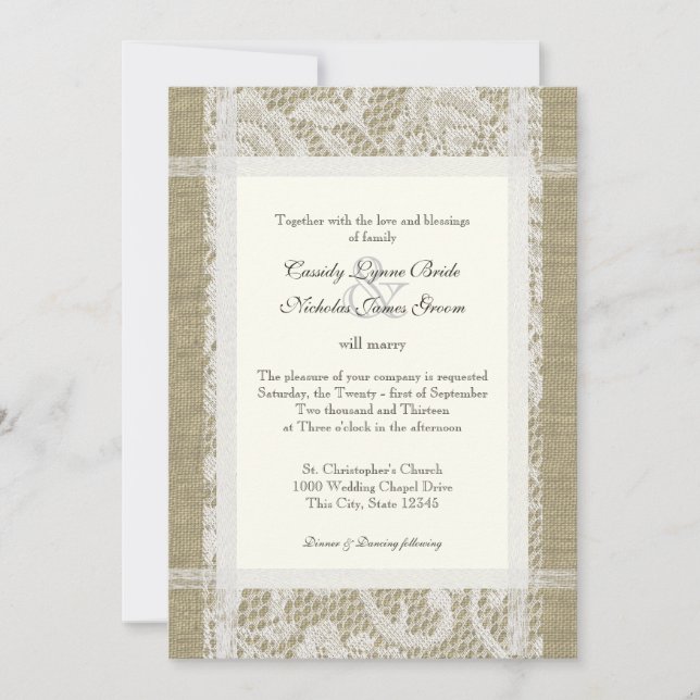 Lace and Burlap Country Romance 7x5 Hochzeit Einladung (Vorderseite)