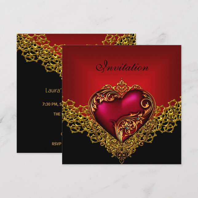 Lace Black Gold Deep Red Heart Jewel Party Einladung (Vorne/Hinten)