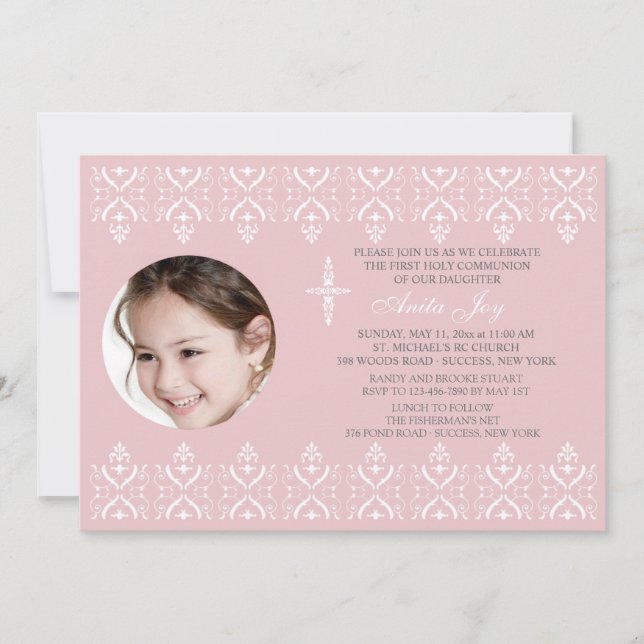 Lace Borders Invitation photo religieuse rose (Devant)