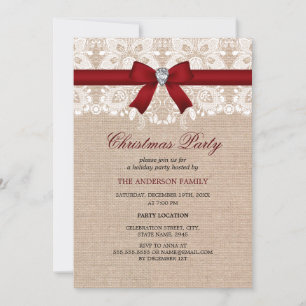 Lace Bow & Burlap Red Christmas Party Einladung