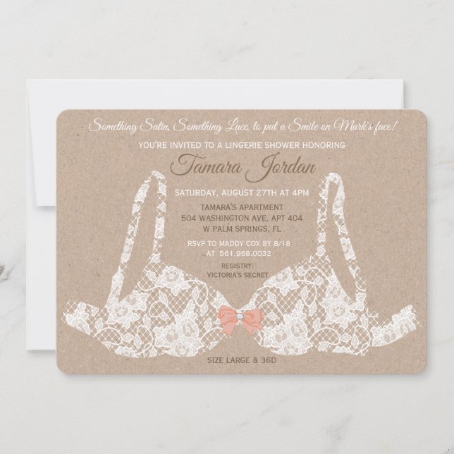 Lace Bra Lingerie Dusche Kraft Einladung (Vorderseite)