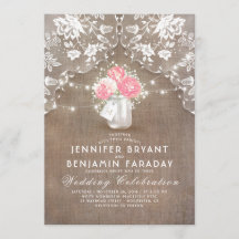 Lace Burlap Pink Peonies Mason Jar Rustic Wedding