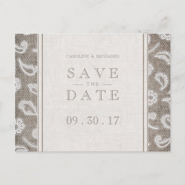 Lace burlap rustic Country Hochzeit Save the Date Ankündigungspostkarte (Vorderseite)