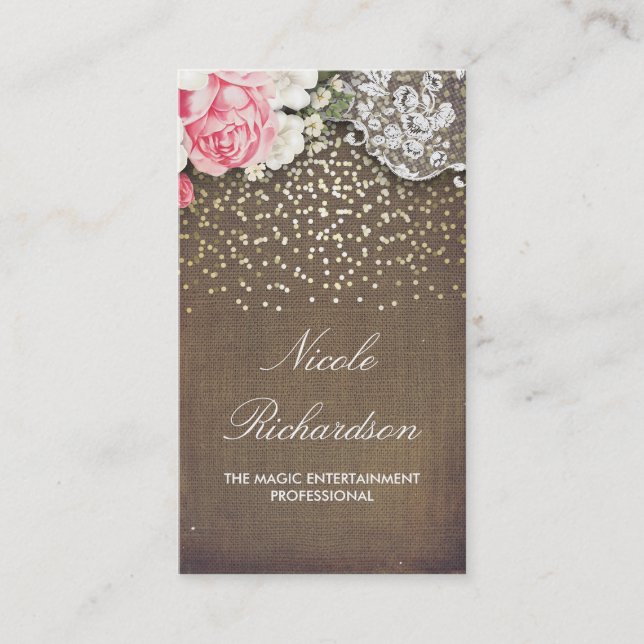 Lace Burlap und Gold Confetti Rustikales Land Visitenkarte (Vorderseite)