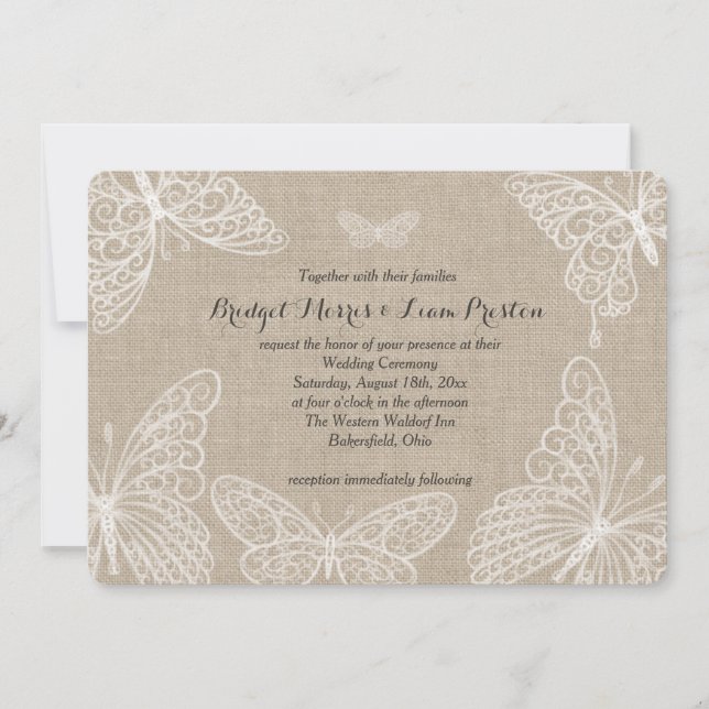 Lace Butterflies auf Einladung von Burlap Hochzeit (Vorderseite)