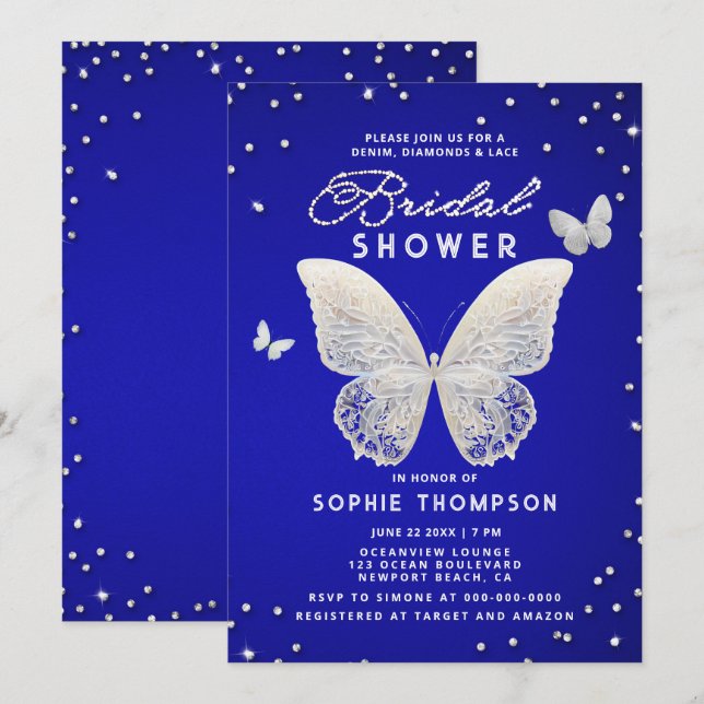 Lace Butterfly Kristall Royal Blue Brautparty Einladung (Vorne/Hinten)