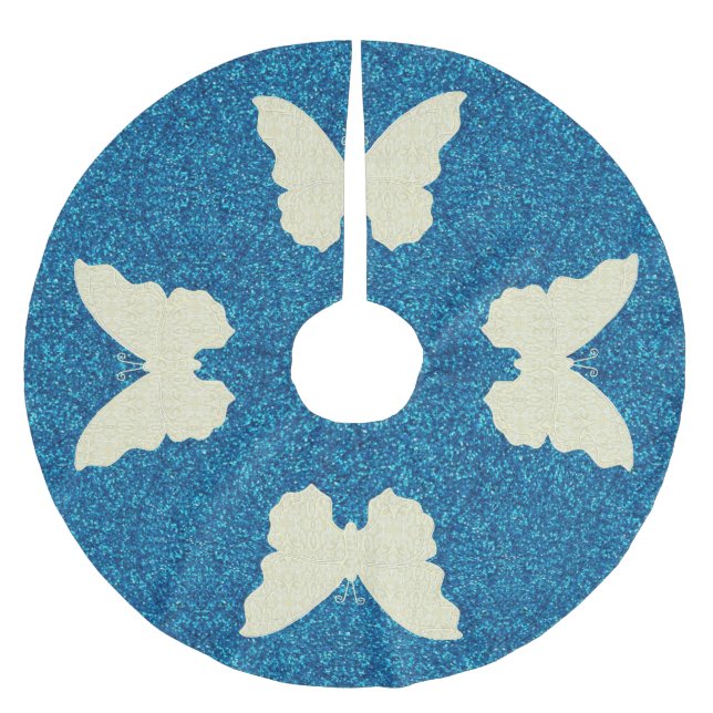 Lace Butterfly On Blue Glitzer Tree Skirt Polyester Weihnachtsbaumdecke (Vorderseite)