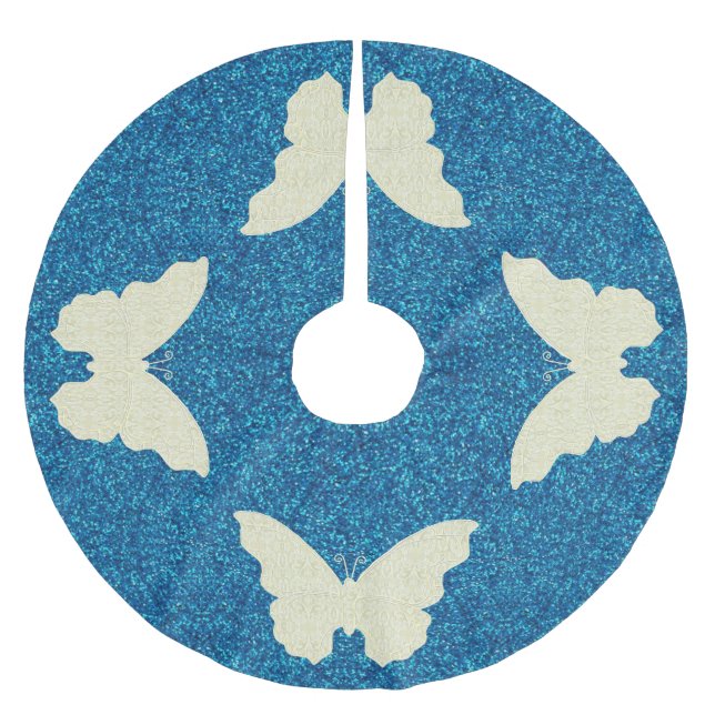 Lace Butterfly On Blue Glitzer Tree Skirt Polyester Weihnachtsbaumdecke (Vorderseite)