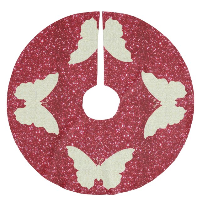 Lace Butterfly On Red Glitzer Weihnachtsbaumrock Polyester Weihnachtsbaumdecke (Vorderseite)