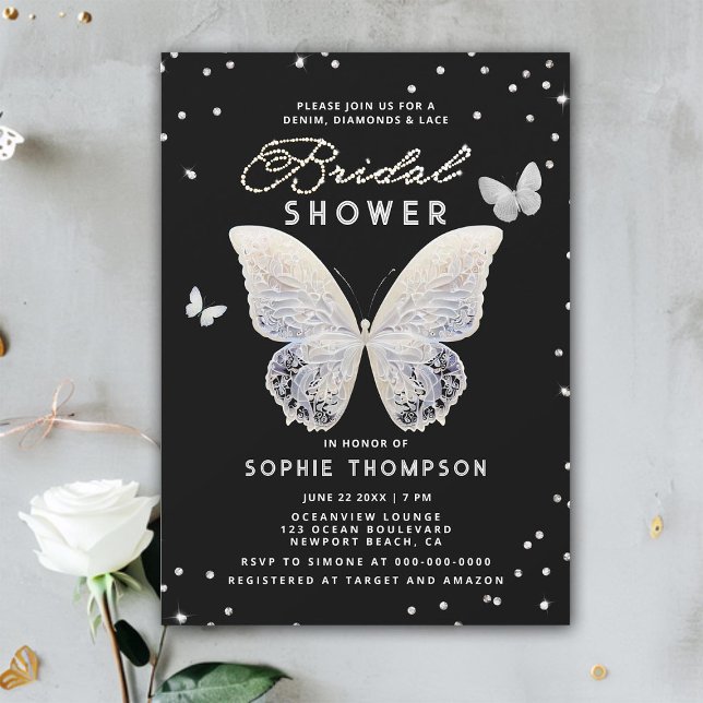 Lace Butterfly Rhinestones Elegantes Brautparty Einladung (lace bridal shower invitation white butterflies elegant boho romantic classy rhinestones modern chic)