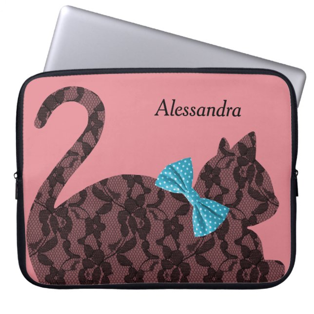 Lace Cat Silhouette Personalisiert Pink Laptopschutzhülle (Vorderseite)